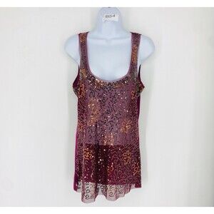 Y2K BKE Buckle Sequin Mesh Tank Top Large Wine Mermaid Clubwear Going Out Top